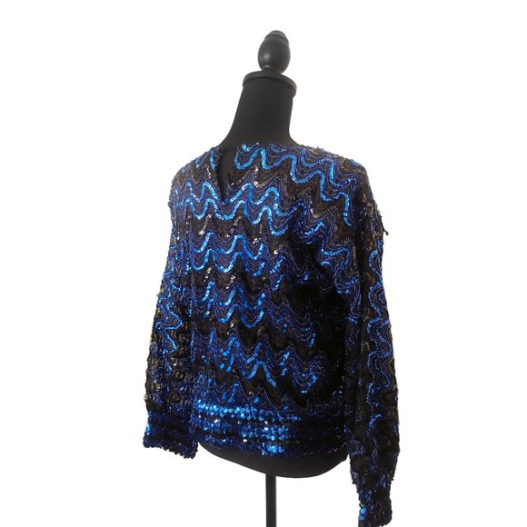 Vintage Blue and Black SequinDisco Blouse - Picture 4 of 4